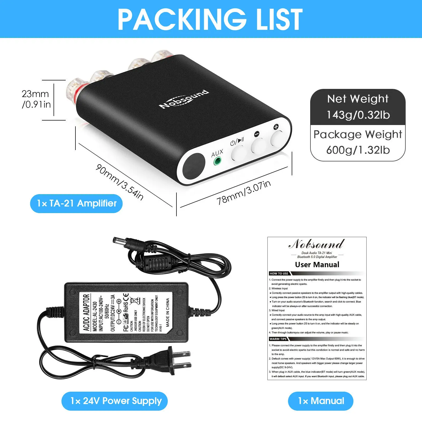 Nobsound ta-21 mini bluetooth 5.0 dsp amplificador digital receptor de áudio estéreo tpa3221 potência integrada amp 100w + 100w