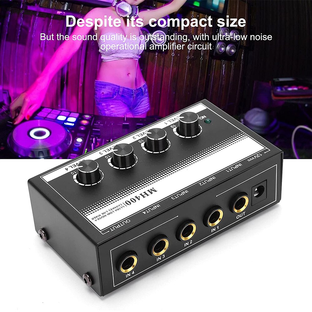 Mini Mixer Audio a 4 canali Mixer Audio Mixer Ultra a basso rumore per piccoli Club Bar come microfoni chitarre bassi MH400 EU US Plug 110V