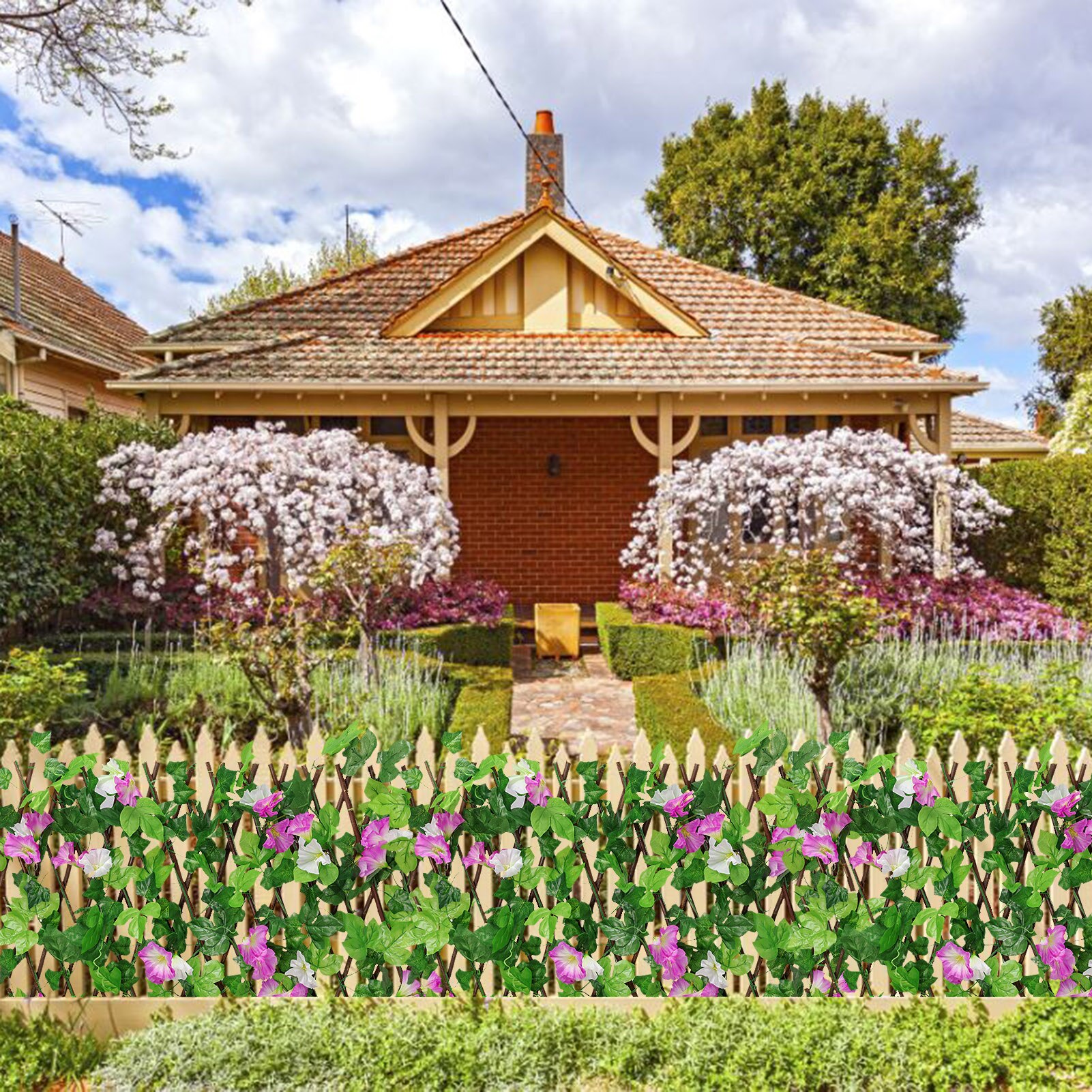 Retractable Artificial Wooden Fence With Flowers Privacy Fence Garden Hedge Leaf Net Wooden Home Restaurants Wall Decoration