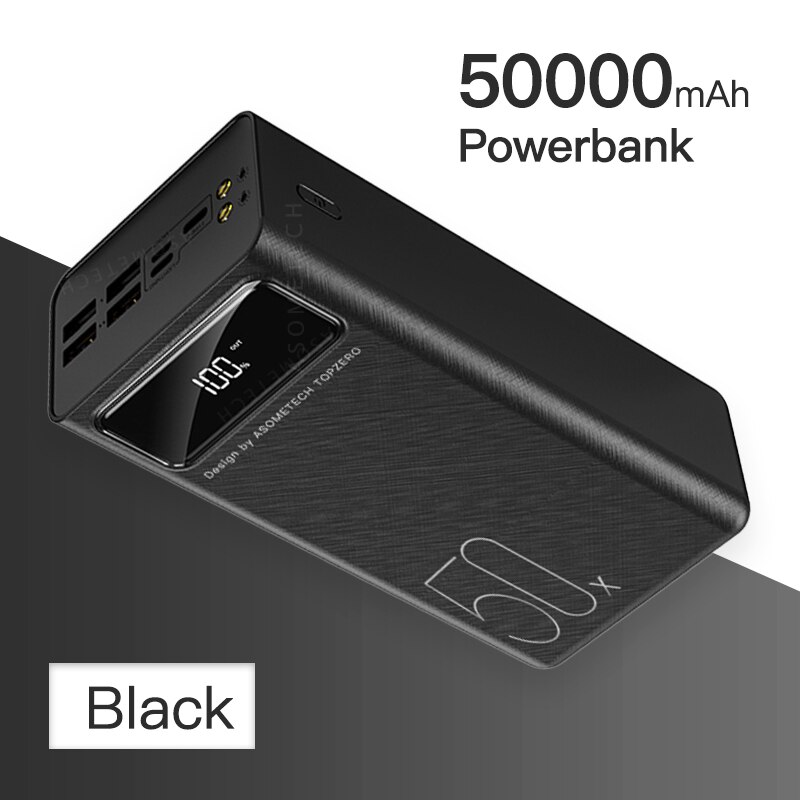 Banco de energía de gran capacidad de 50000mAh 2.1A, pantalla LED de carga rápida, Banco de energía de 4 cargador de batería externo USB para tableta de teléfono: Black no cable