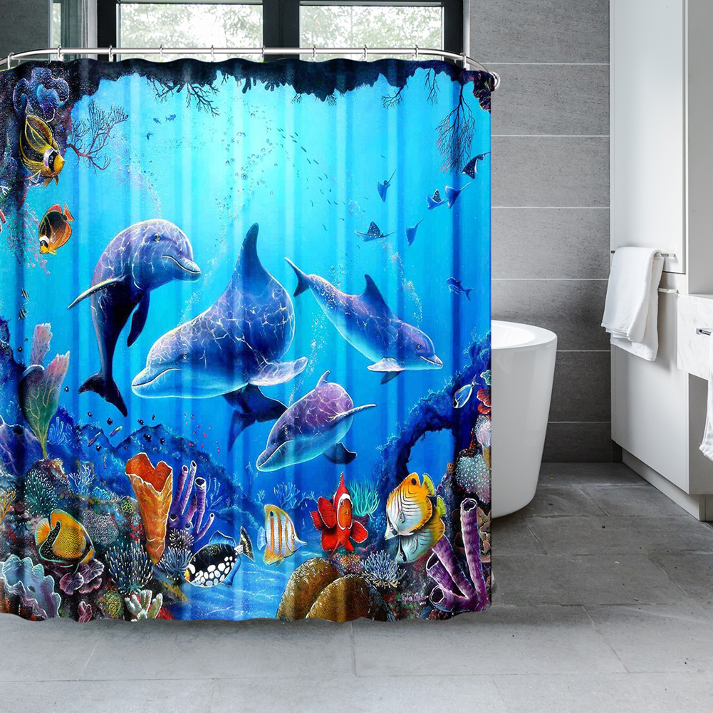 Rideau de douche dauphin bleu, monde sous-marin, vie Marine, tissu en Polyester, thème océan pour enfants, ensemble de décoration de salle de bain avec 12 crochets: 180*180 cm / Bleu