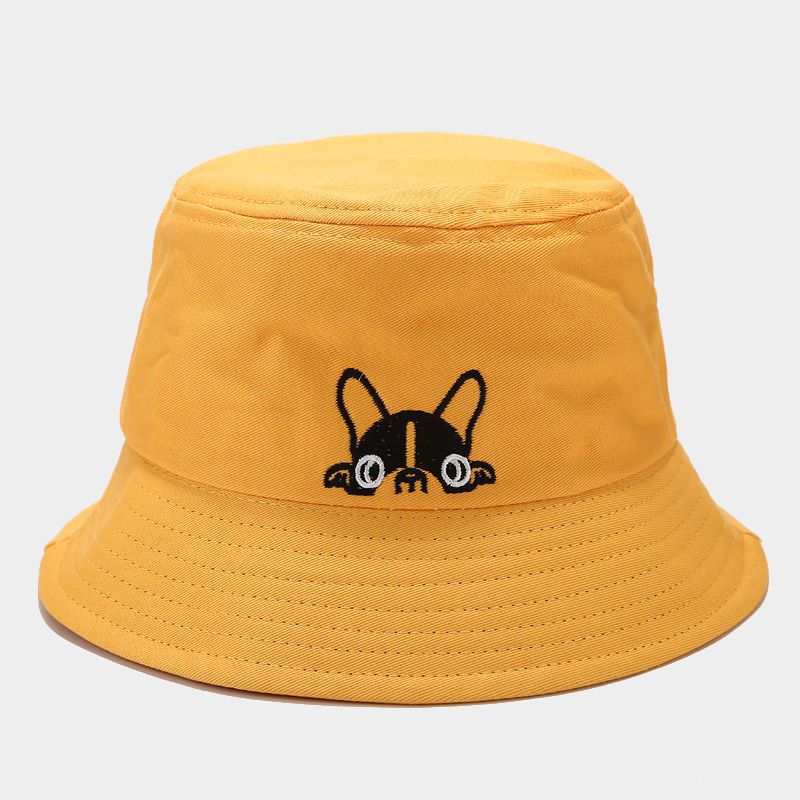 Gorro de pescador salvaje coreano, novedad de primavera-verano para mujer, sombrero de cubo con bordado de perro de dibujos animados, sombrero de Sol para pareja al aire libre: Amarillo