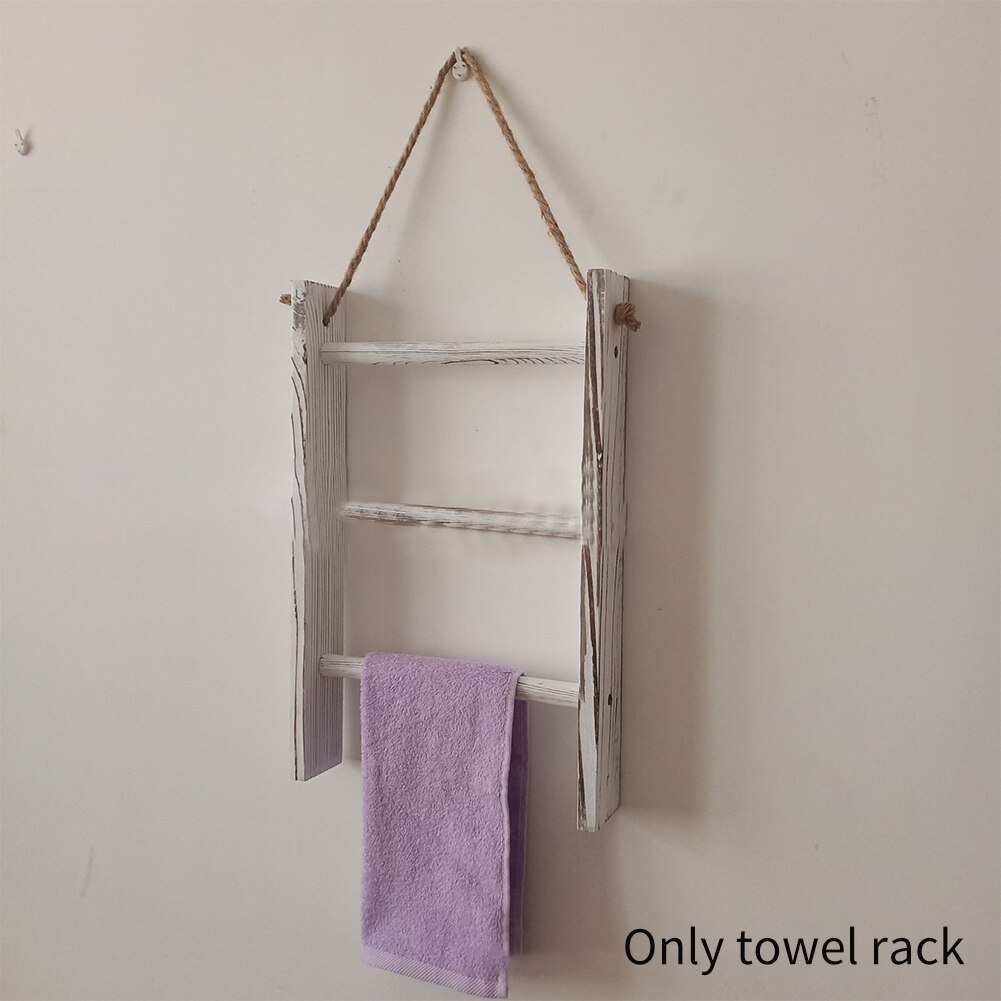 Mini escalera de almacenamiento de madera para baño y sala de estar, toallero Retro de 3 niveles con cuerda, decoración blanca para el hogar, dormitorio, colgador de pared
