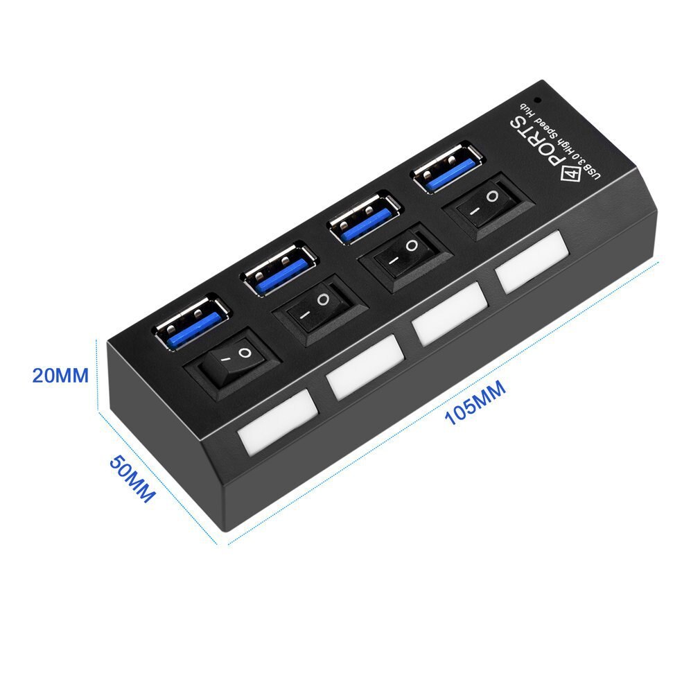 High Speed USB 3.0 Hub 4 Ports Speed 5gbps with On/off Switch and Cable Universal for PC Laptop Computer Desktop Black