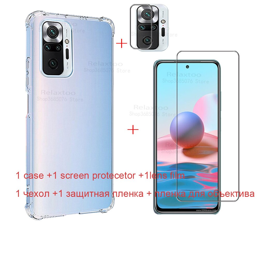 Funda transparente para Xiaomi Redmi Note 10, cristal templado, Teléfono de protección a prueba de golpes suave de silicona: for redmi note 10 / 3in1