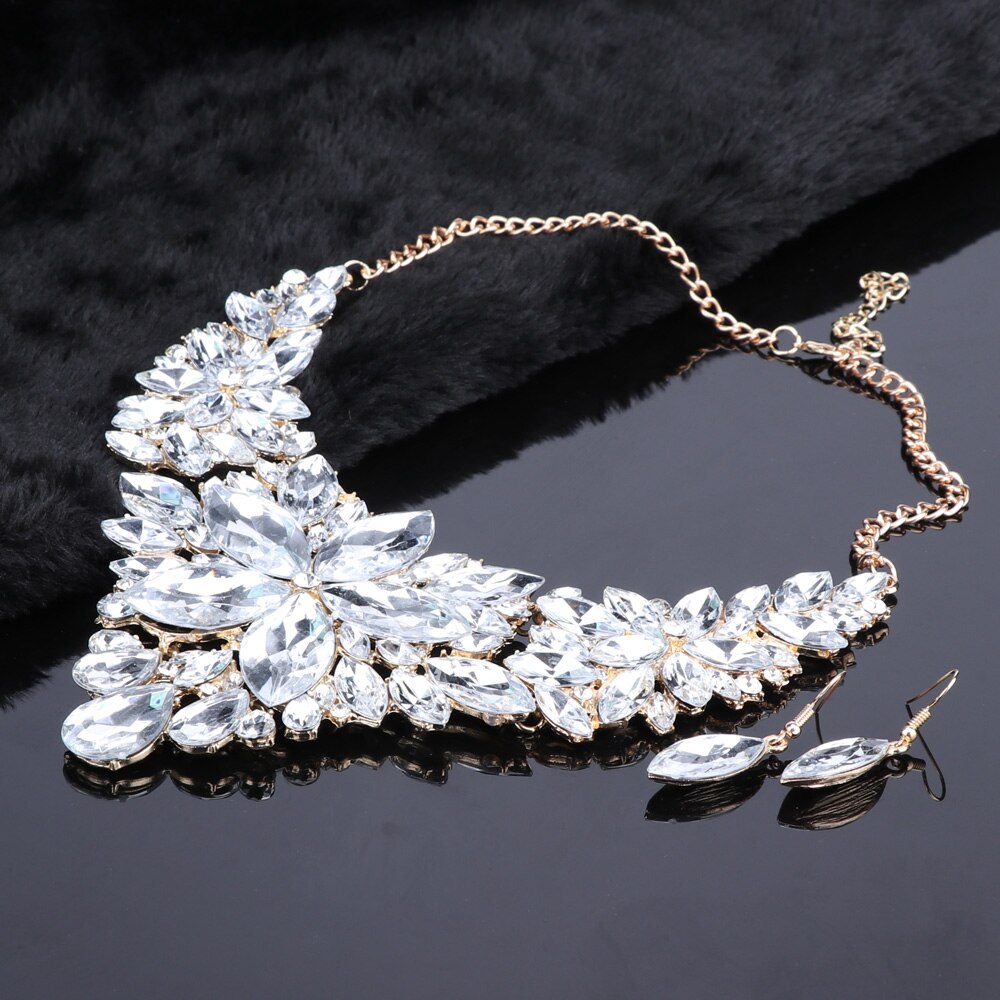 Verzilverd Bridal Sieraden Set Voor Bruiden Crystal Ketting Oorbellen Wedding Party Kostuum Accessoires Decoratie Vrouwen