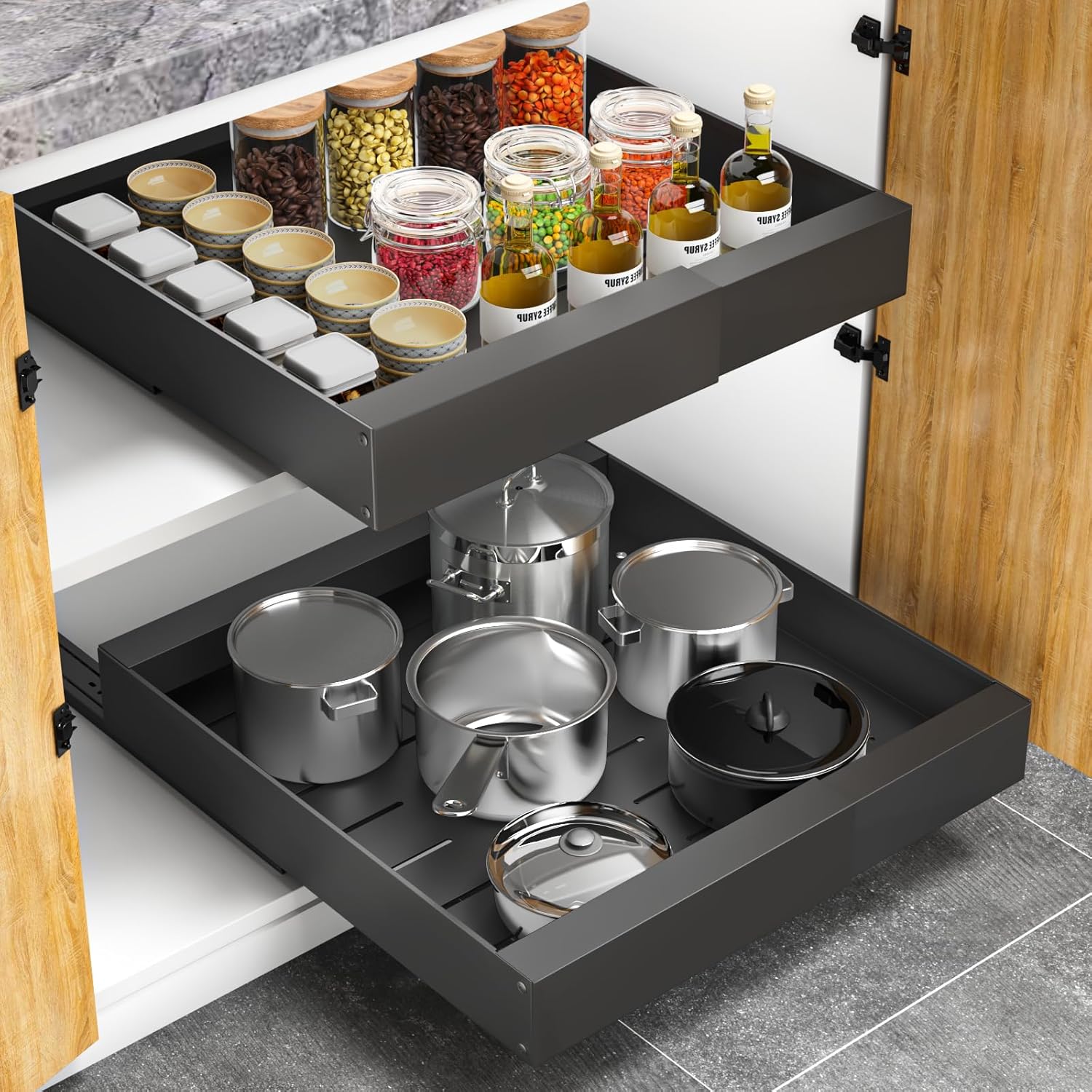 Organizador de gabinete extraíble expandible: estantes deslizantes profundos para gabinetes de cocina, despensa, baño: Bronce