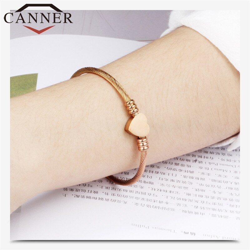 CANNER Adjustable Simple Stainless Steel Woven Heart Open Bangle Gold/Rose gold/ Silver Color Charm Babgles for Women Jewelry FO