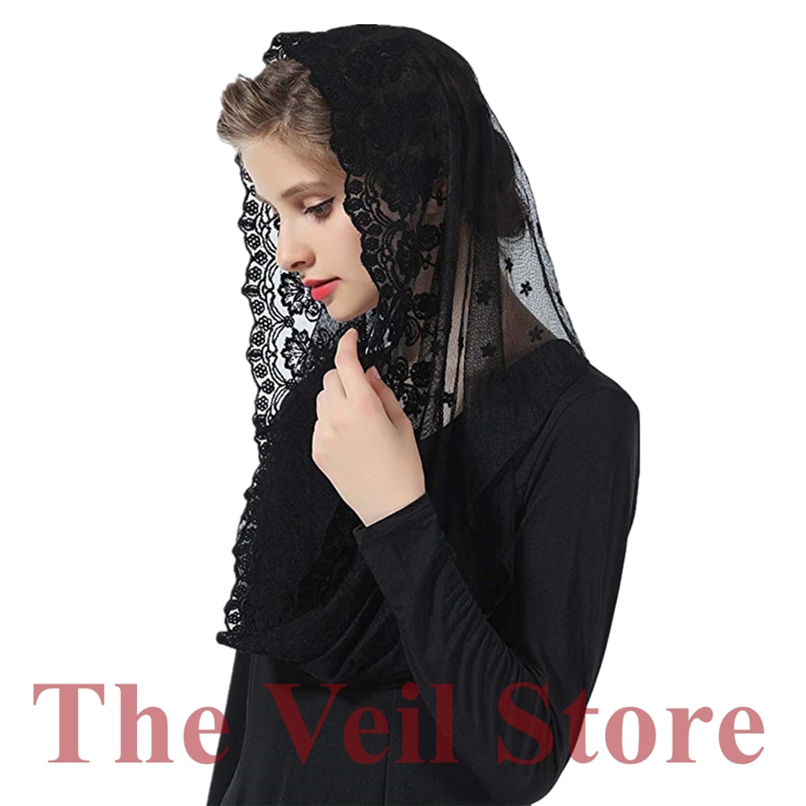 ISHSY mujeres bordado tul Mantilla de encaje capilla Velo para la Iglesia cubierta de cabeza de Latina Velo para misa Mantilla Velo de Novia Mantille