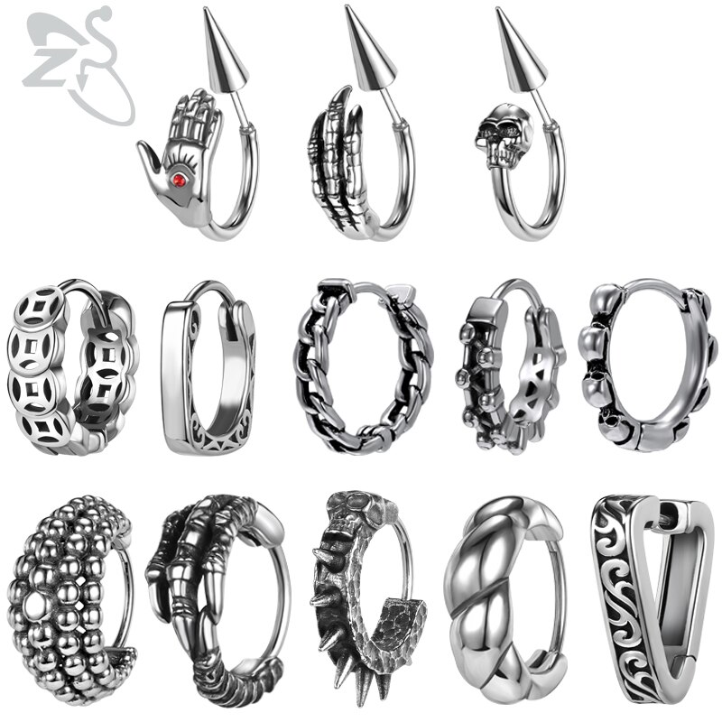 ZS 1 Pair Stainless Steel Hinged Huggie Hoop Earrings for Men and Women Punk Rock Skull Totem Round Earrings Vintage Jewelry