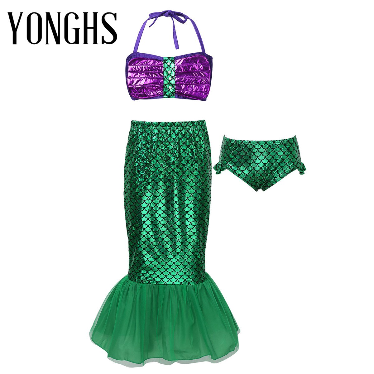 3 uds niños niñas sirena traje de baño con parte superior Halter con falda de cola de pez Bikini, bañador para la playa traje de baño