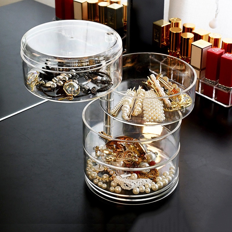 Transparent 360 Degree Rotating Dustproof Jewelry Box Small Multilayer Earring Ring Hairpin Jewelry Display Rack Storage Box
