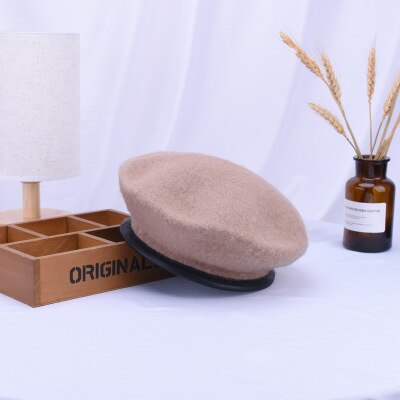 Ymsaid skóra francuski beret czapka czarna kobieta 100 wełna czuł malarze berety dla kobiet zima jesień czapka typu czapka bez daszka rozmiar 56-58cm: wielbłąd