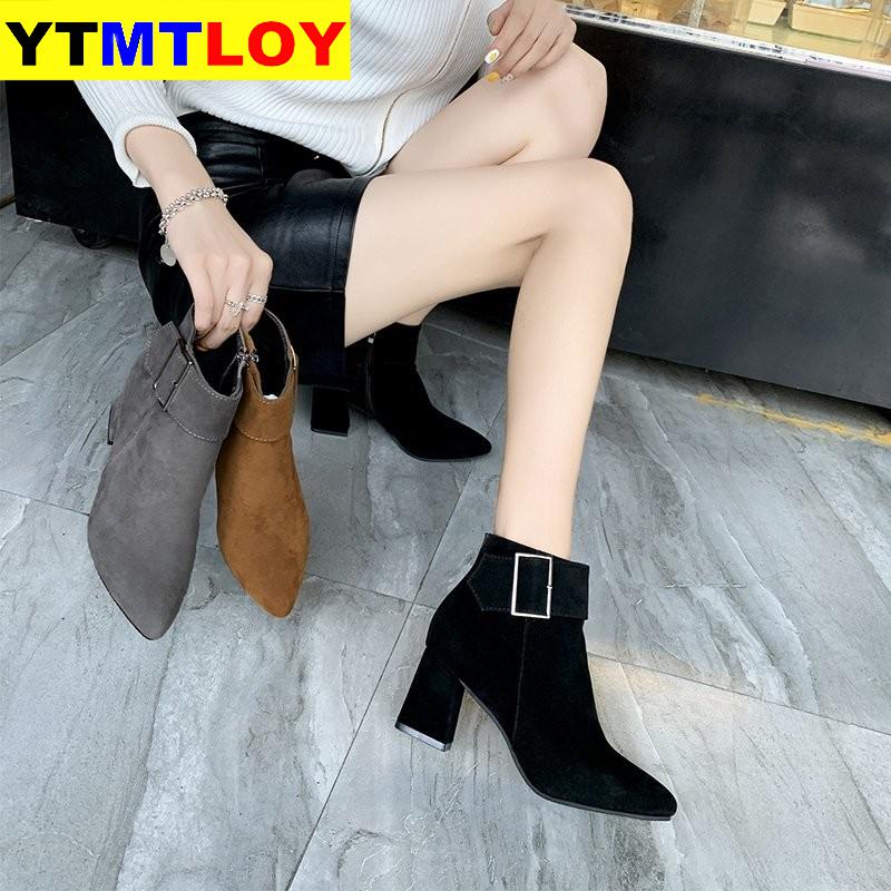 Winter Schoenen Gesp Enkellaarsjes Vrouw Sneeuw Schoenen Faux Suede Booties Wees Teen Blote Laarzen Chunky Hakken Maat 35-40