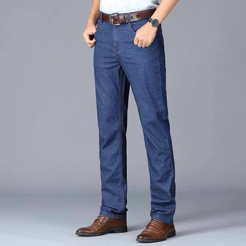 Famous Brand Denim Pants Men Lightweight Autumn Business Casual Jeans Men Straight Mid-waist Men Clothing Plus Size Blue Jeans