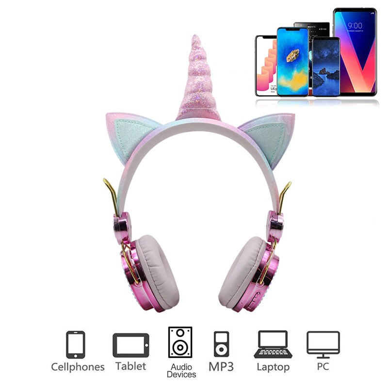 Bonitos auriculares de unicornio con cable y micrófono para niñas y niños, cascos para ordenador portátil, teléfonos móviles, PC, MP3, tableta