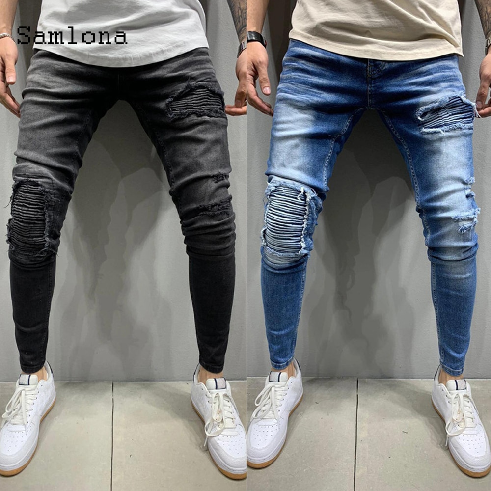 mager jeans herre denim bukse herre skrog revet bukser streetwear menn glidelås denim bukse blå hofte hopp blyantbukser
