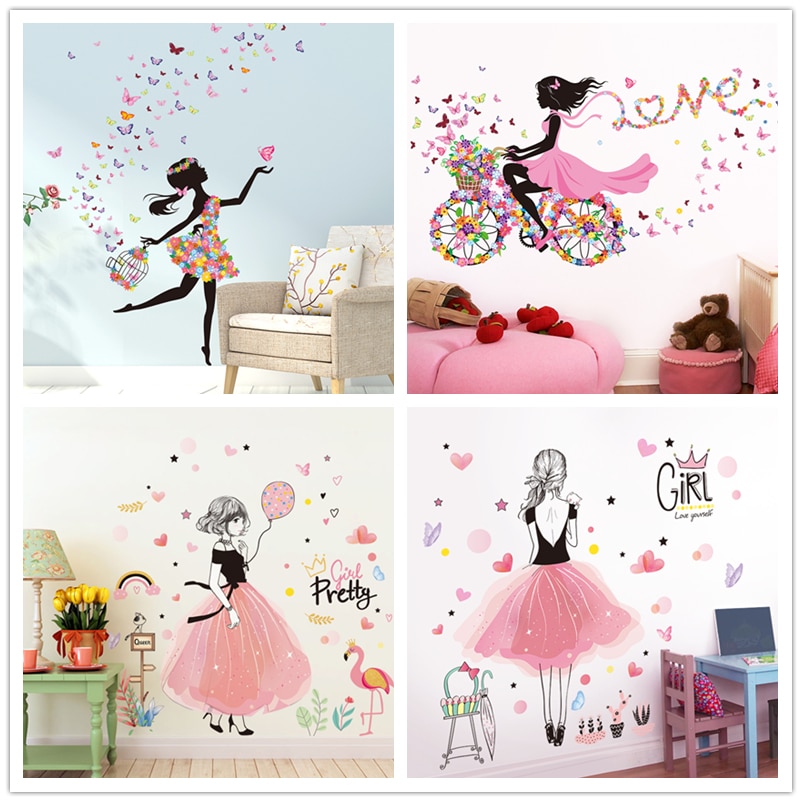 Tecknad fe flicka väggdekaler diy fjärilar blommor väggmålningar dekaler för hus barnrum baby sovrum dekoration
