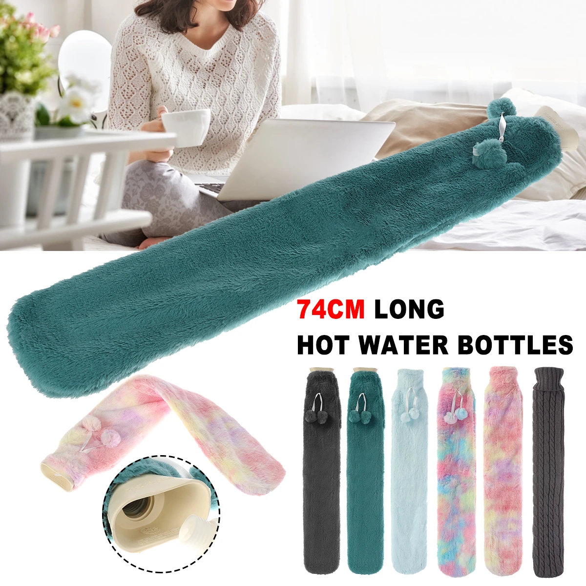 Longue bouteille d'eau chaude 2l, avec couvercle en fourrure, en caoutchouc