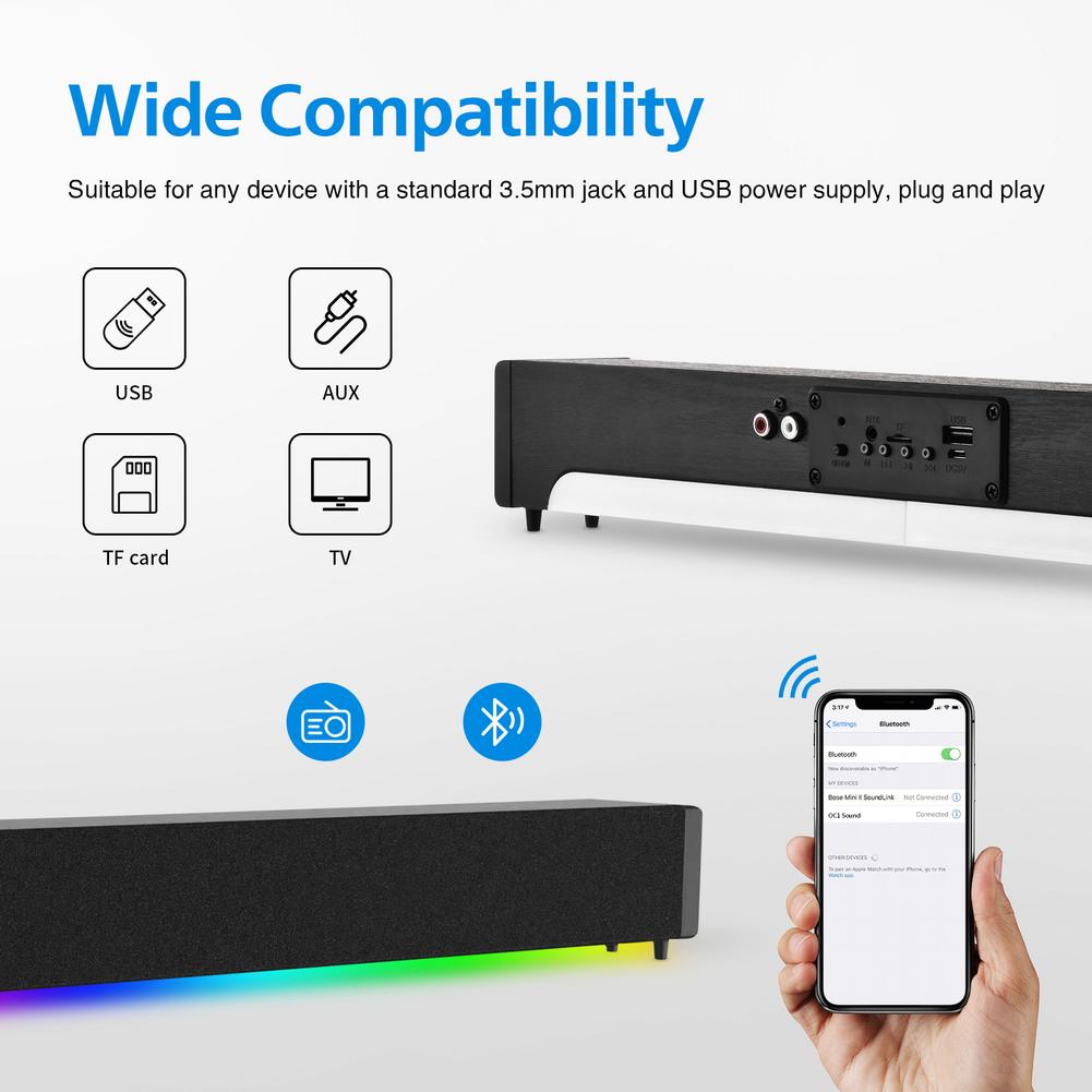 20W TV Sound Bar Wired And Wireless Bluetooth Compatibility Home 3D Surround SoundBar For PC Theater TV Speaker With RGB Remote