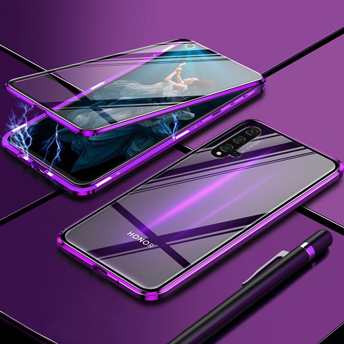 Magnetische Case Voor Huawei Nova 5T 5T T5 Yal-l21 Dubbelzijdig Glas Telefoon Cover Honor 20 Pro Case Nova 5T Metalen Adsorptie Fundas: honor 20 / purple