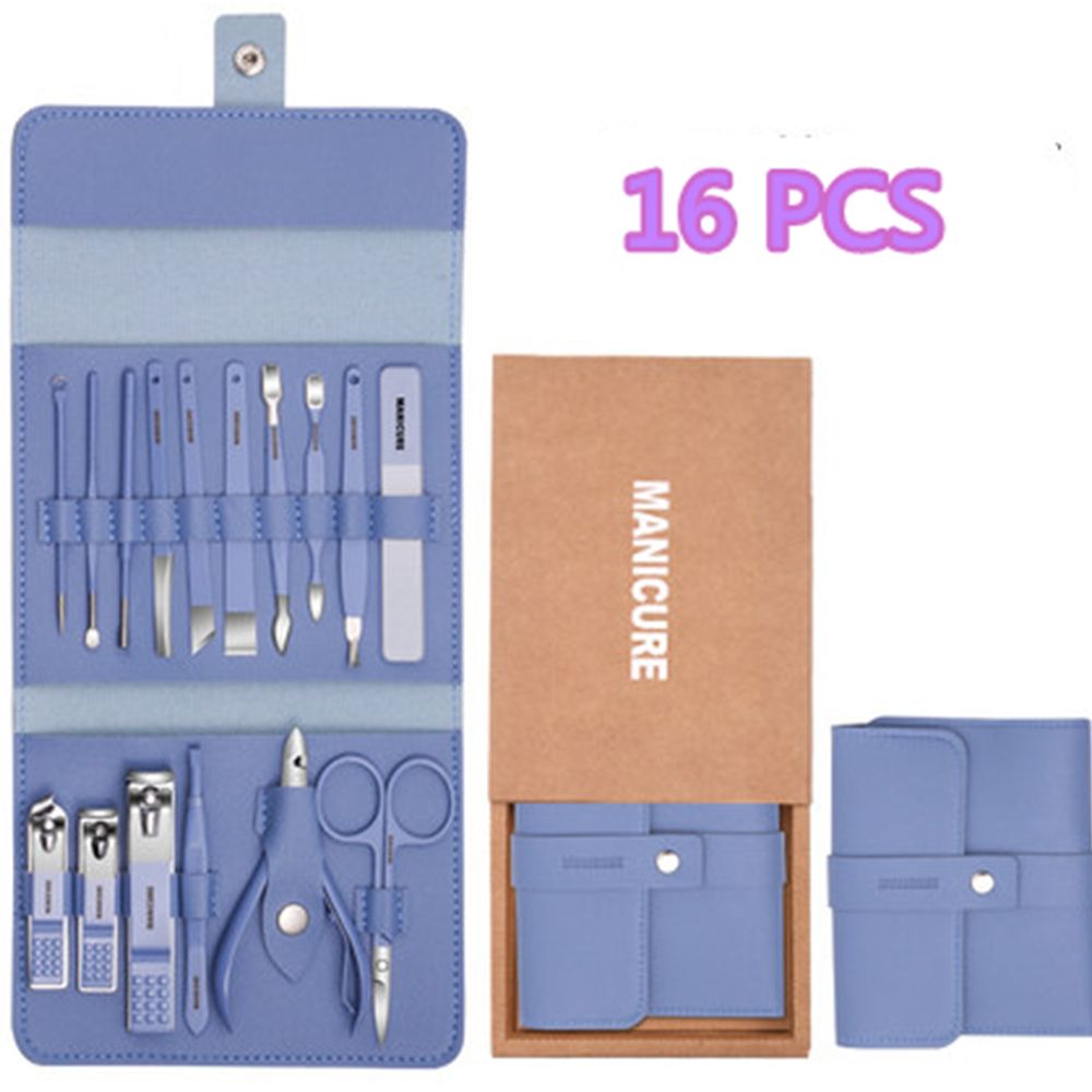 12-16pcs/set Nail Cutter Set Stainless Steel Nail Clippers Set With Folding Bag Manicure Cutter Kits Scissors Makeup Beauty Tool: 16pcs blue