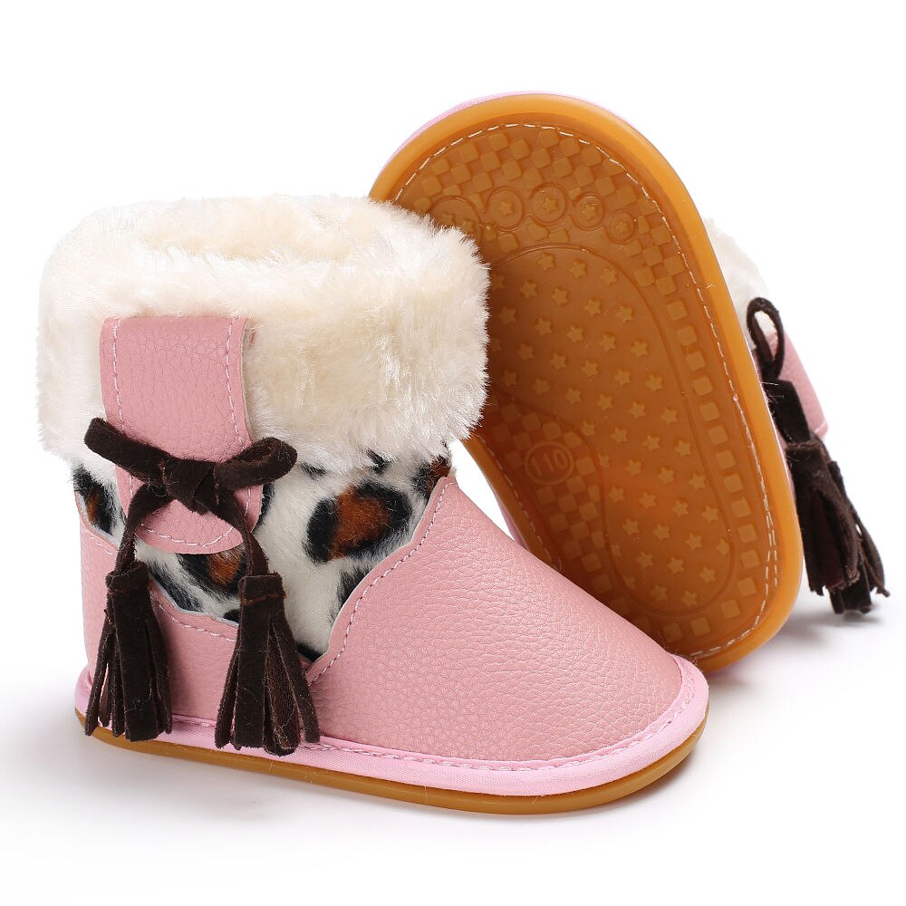 Newborn Moccasins Infant Toddler Baby Girls Snow Boots Winter Rubber Thick Snow Plush Boots Leopard Print Keep Warm Shoes 0-18M