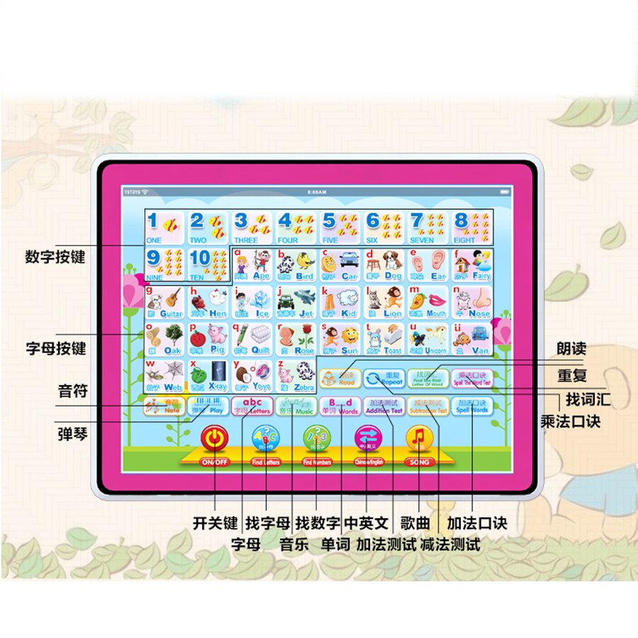 Multifunction English and Chinese Language Learning Machine Touch Screen Ypad,ABC Letter Words Numbers and Music for Kid Toys