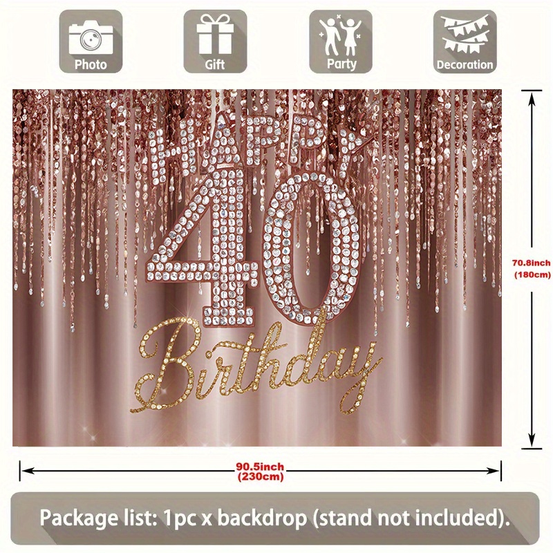 1 pared de fondo para celebración del 40 cumpleaños: brillante de "40" y "feliz cumpleaños" dorado, decoración para de cumpleaños
