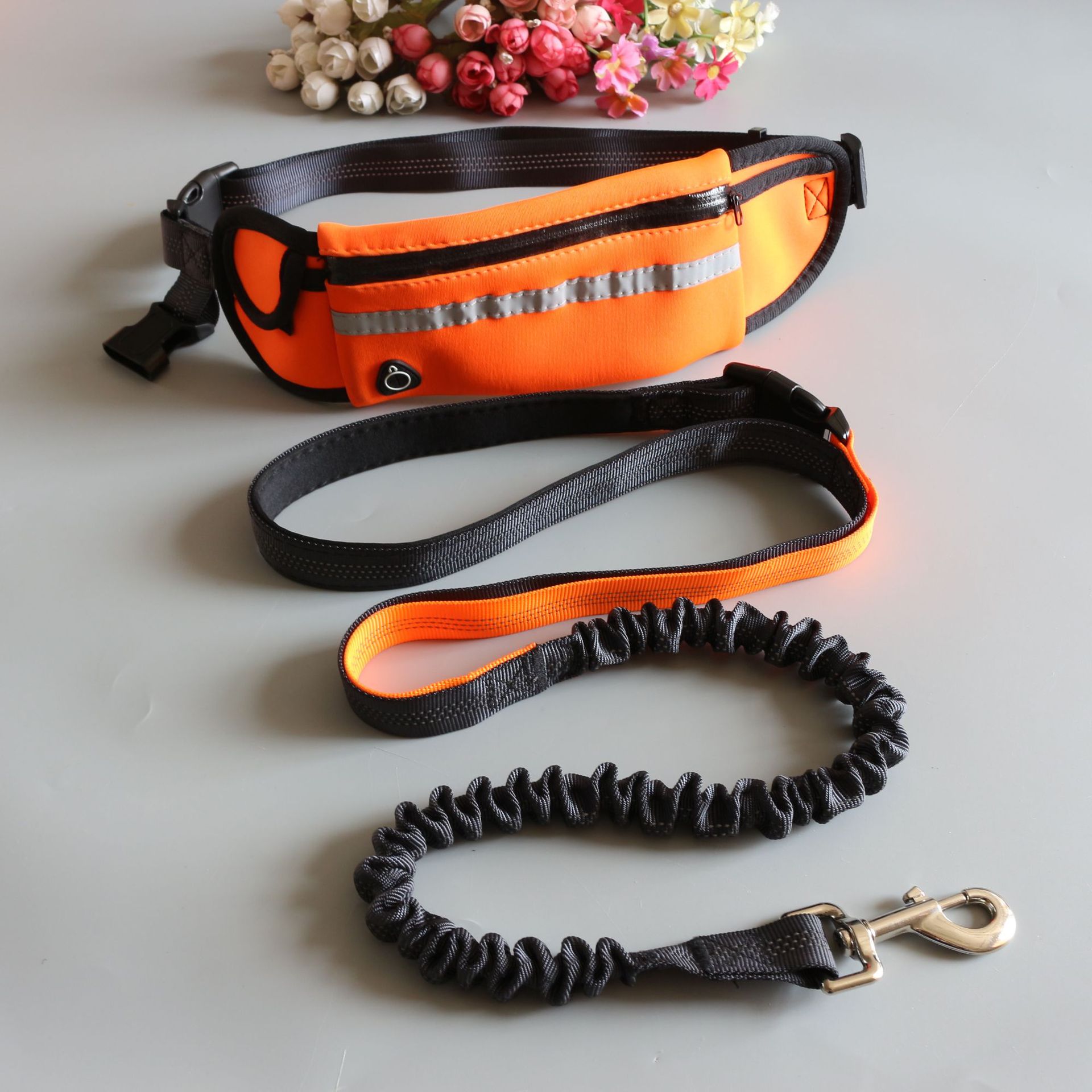 Dog traction rope nylon reflective pet supplies dog harness collar jogging adjustable belt waist bag traction belt rope: Orange
