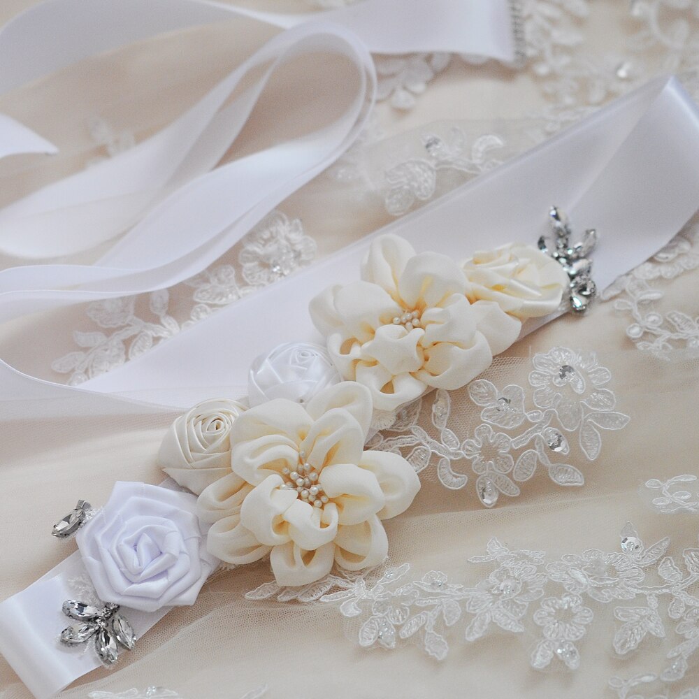 YouLaPan – ceinture de mariée en dentelle S320, faite à la main, avec des appliques de perles, des fleurs scintillantes, à la: White ribbon