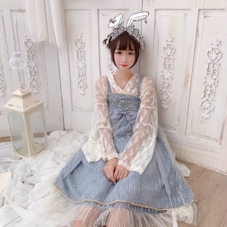 Vintage Renaissance Chinese Style Girls Sweet Princess Lolita Dress Women Hanfu Style Lace Mesh Blouse 2 Piece Set Fairy Dresses: Blue