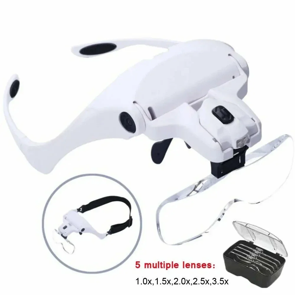 Head-Mounted Magnifier With LED Light 1x-3.5x Lenses For Soldering Jewelry Craft Watch Repair & Microscope-Level Inspection