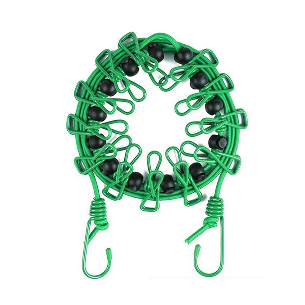 Solid Portable Travel Clothesline for Home Hotel Camping Indoor Outdoor Adjustable End Hooks 12 Clothespin Movable Locking Beads: Green