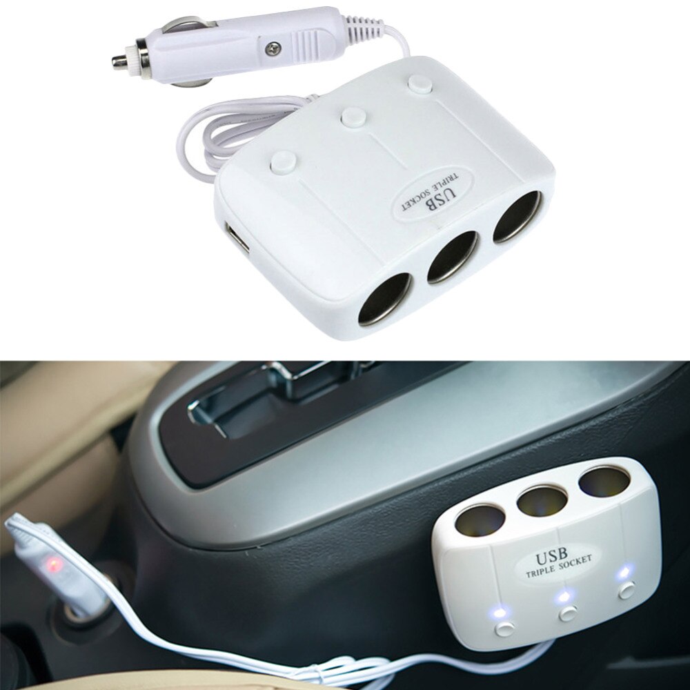 Witte dubbele usb-autoladeradapter met 3 stopcontacten voor sigarettenaansteker, dc-stopcontact, autosplitter, auto-stopcontactadapter