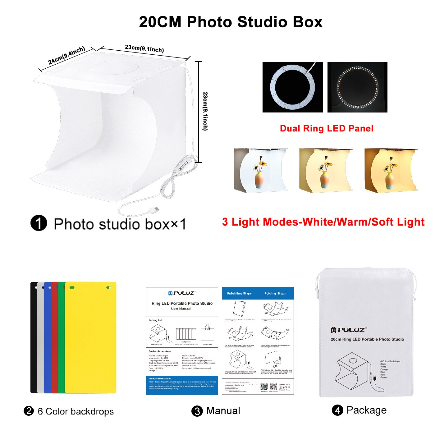 Puluz Mini Photo Studio Box Ring LED Photo Lightbox Photography Studio Shooting Box Box Kit e 6 fondali colorati Photo Softbox: 20cm Ring LED