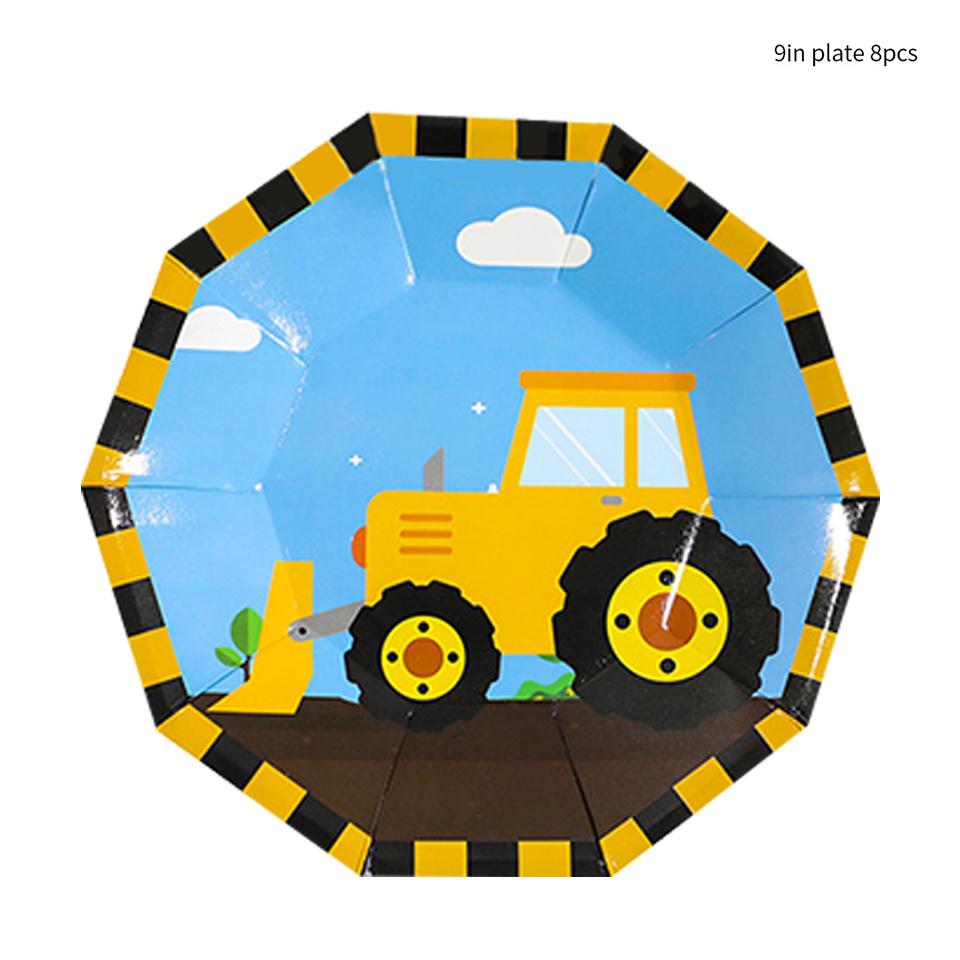 1set Carton Construction Pelle Bulldozer Jetable Vaisselle Assiettes En Papier Tasses pour garçon Joyeux Anniversaire Fête Décoration D&#39;approvisionnement: 9inch plates