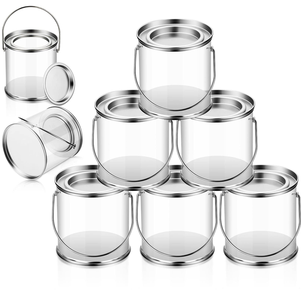 Paint Bucket Clear Bucket with Metal Lids and Handle Decorative Clear Plastic Bucket Storage Clear Paint Can 8 Pack