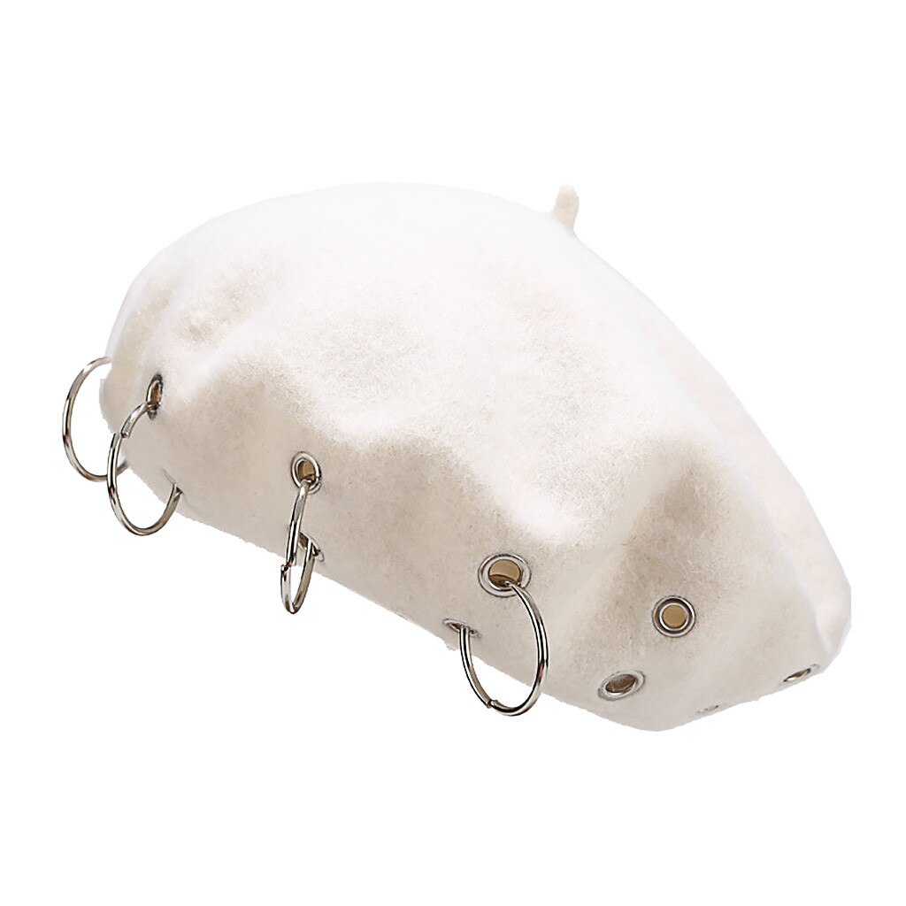 Boina Harajuku de estilo Punk Rock para mujer, boina con aros de hierro, gorros de lana Retro, boinas de pintor de lana negra: Blanco