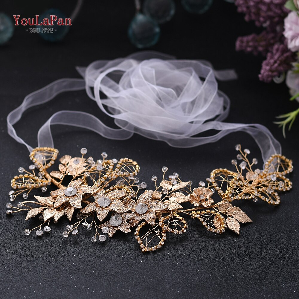 YouLaPan, cinturón Floral con diamantes de imitación, cinturón dorado para mujer, cinturón brillante, cinturones de boda para señora, cinturón nupcial con flores doradas SH282: White organza