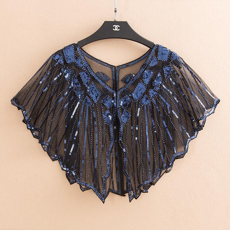 Châle de mariée , 16 couleurs, enveloppe en dentelle noire, boléro Cape courte pour femmes, paillettes scintillantes, veste d'été en dentelle noire: darkblue