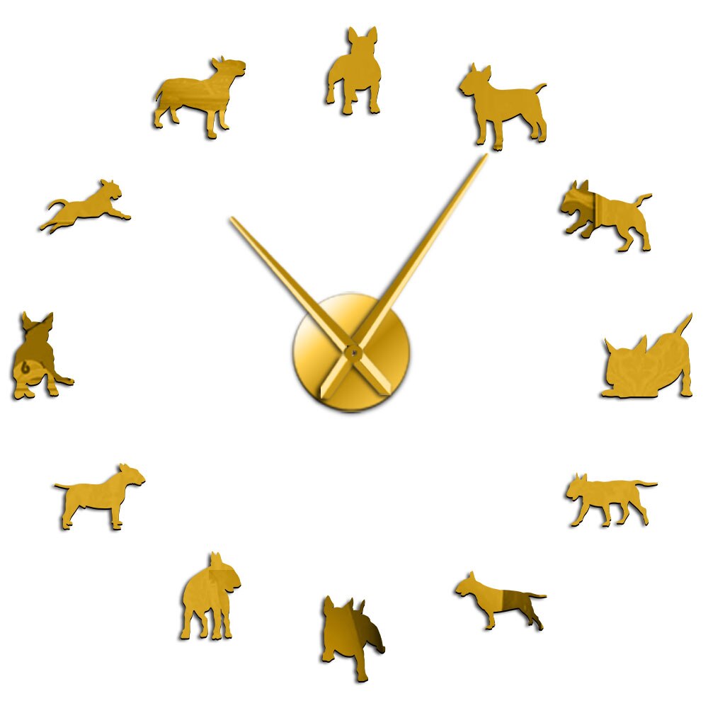 DIY Reloj de pared grande Bull Terrier perro Reloj de pared arte perro Pug aguja reloj decoración de tienda de mascotas para Bull Terrier amante: Dorado