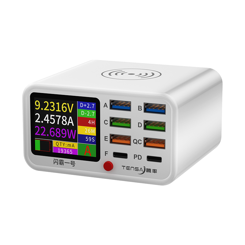 65 W 8 Ports USB-Ladestation mit kabellosem Lade-Digitalanzeige Qc3.0PD3.0 Schnellladung für iPhone 14 13 Xiaomi: Black