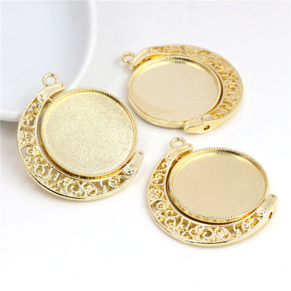 5pcs 18mm 25mm Inner Size Moon Rotation Double Side Antique Silver Plated 7 Colors Cameo Cabochon Base Setting Charms Pendant: Gold / Inner Size 25mm