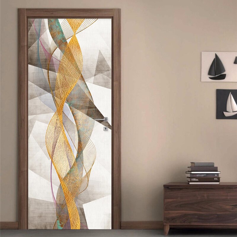 PVC Door Sticker Modern Simple Geometric Gold Lines Mural Wallpaper Living Room Bedroom Self-Adhesive Waterproof 3D Wall Sticker