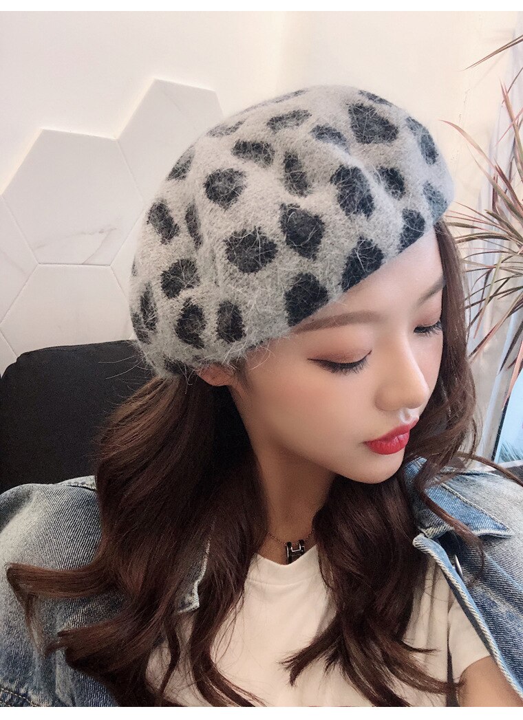 1pc Winter Warm Faux Wool Leopard Beret Women Girls French Artist Beanie Hat Cap Kawaii Leopard Flat Top Caps Warmers
