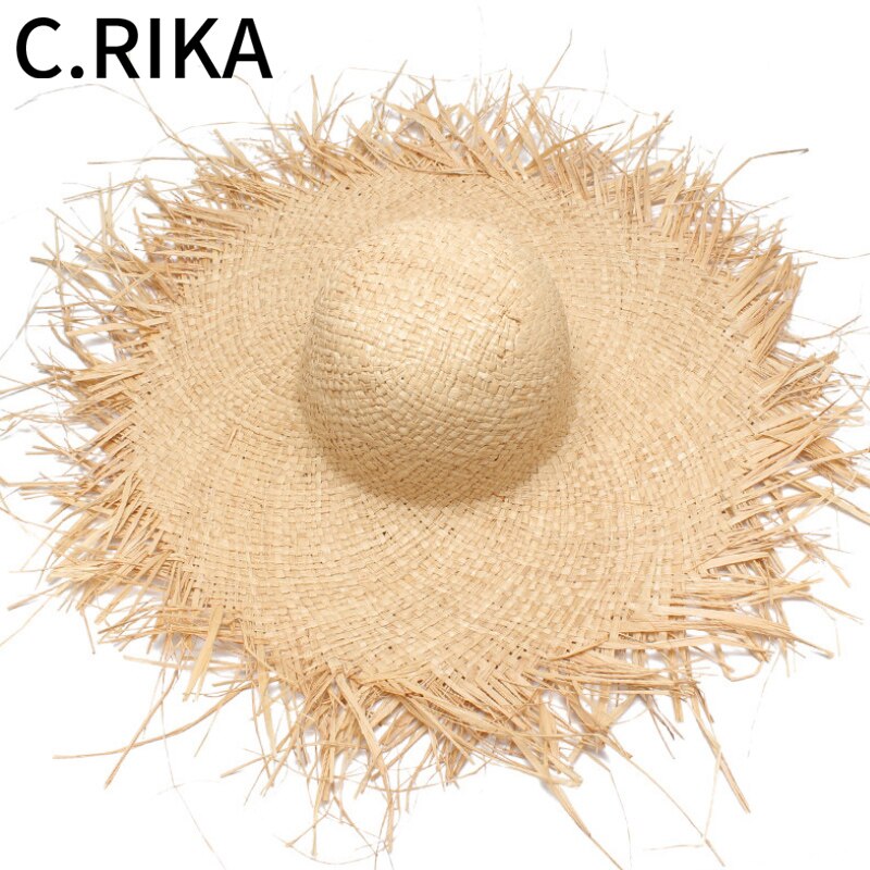 Zomer Natuurlijke Grote Brede Rand Zonnehoed Voor Vrouwen Raffia Jazz Floppy Hoed Strooien Hoeden Cirkel Fringe Hollow Out Beach panama Hoed