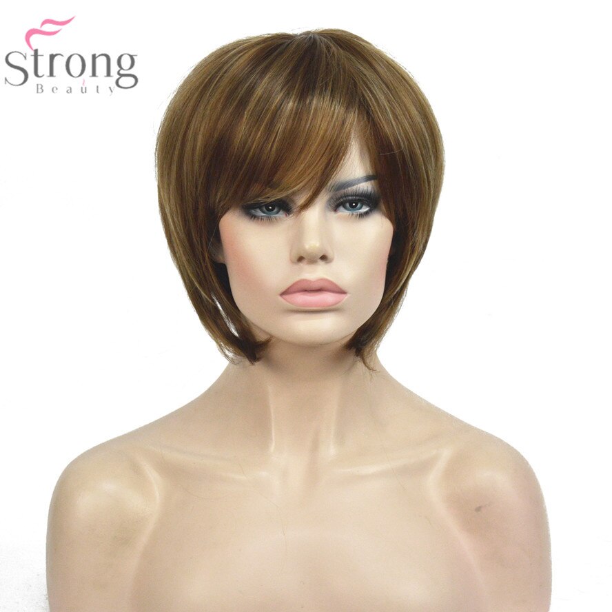StrongBeauty Vrouwen Bob Stijl Korte Rechte Pruik Bruin met Blonde Highlights Synthetisch Natuurlijke Volledige Pruiken