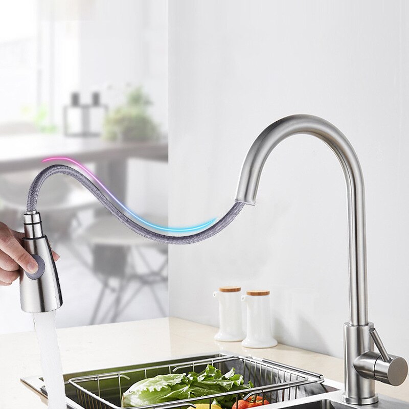 Kitchen Tap Brushed Nickel Kitchen Sink Tap Pull Out Kitchen Mixer Tap Extractable Handheld Taps with 2 Modes 360 Degree