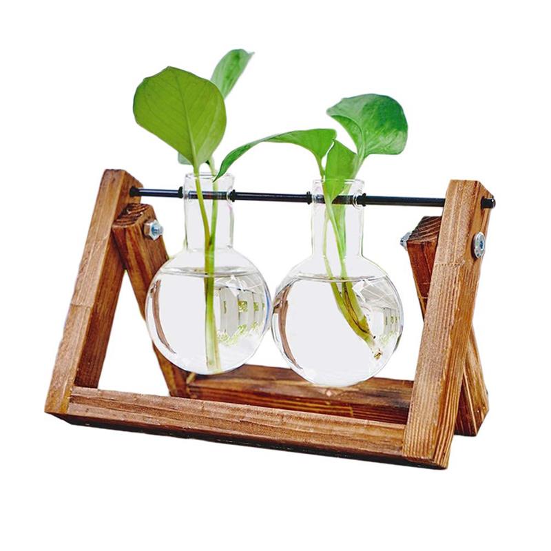 Vintage hydroponic vatten växt glas blomma växt transparent vas träram stå bordsskiva växt dekor diy